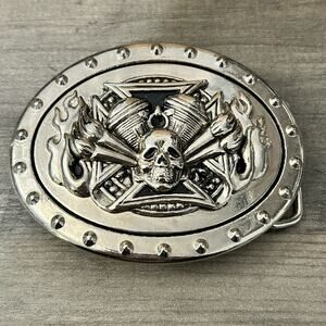 TLF Silver Tone Biker Skull Flames Engine Motor Belt Buckle #H52